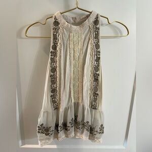 Altar’d State High Neck Sleeveless Top with Lace and Embroidered Floral Accents